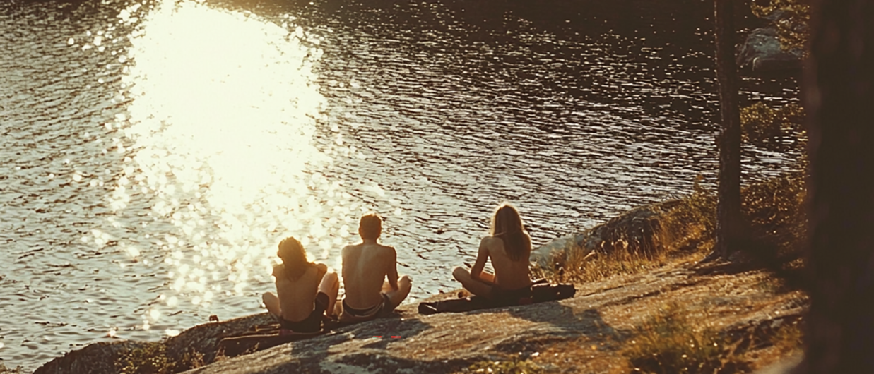 Tre personer på en badklippa